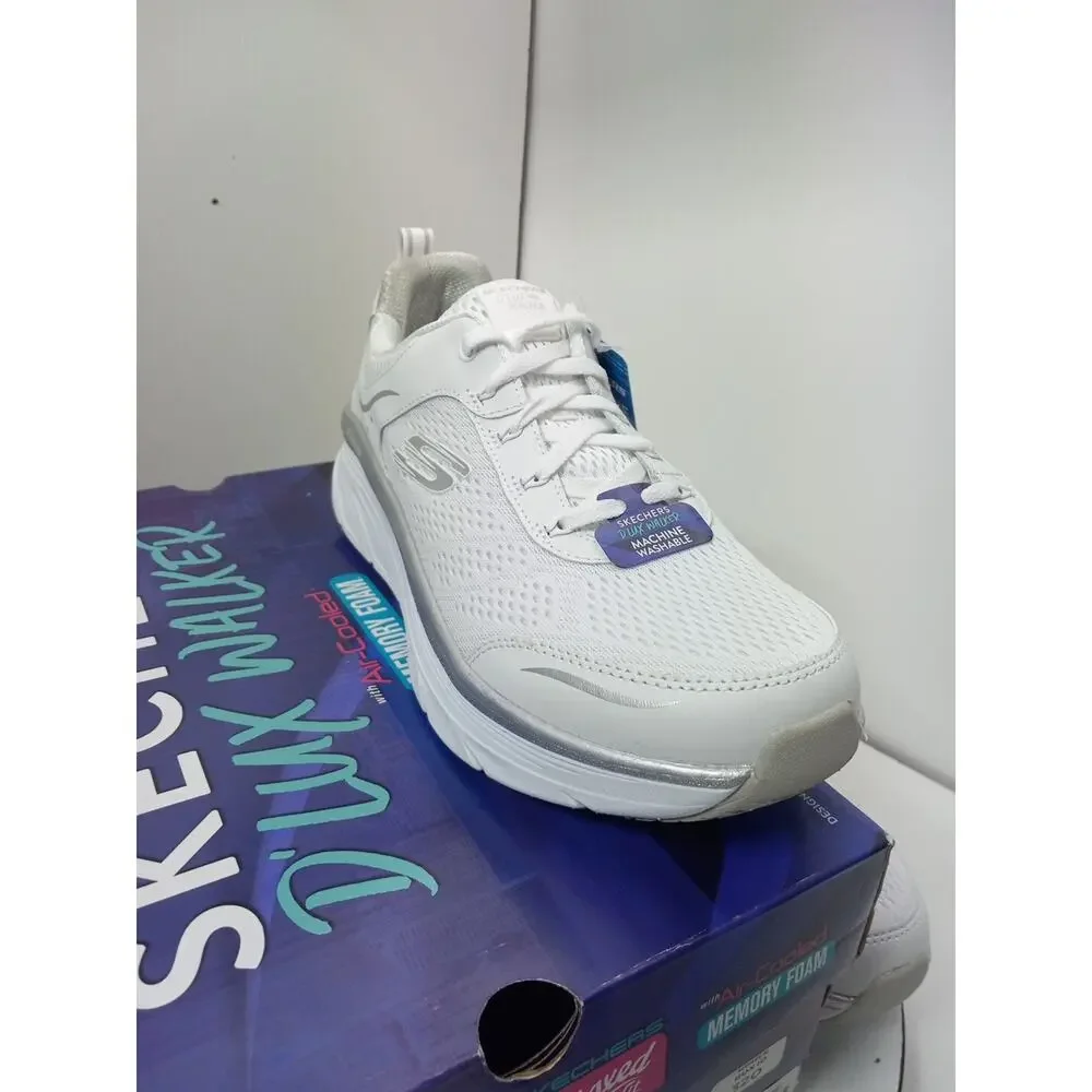 Skechers D'Lux Walker Infinite Motion White Silver Mesh Lace Shoes Womens Sz 11